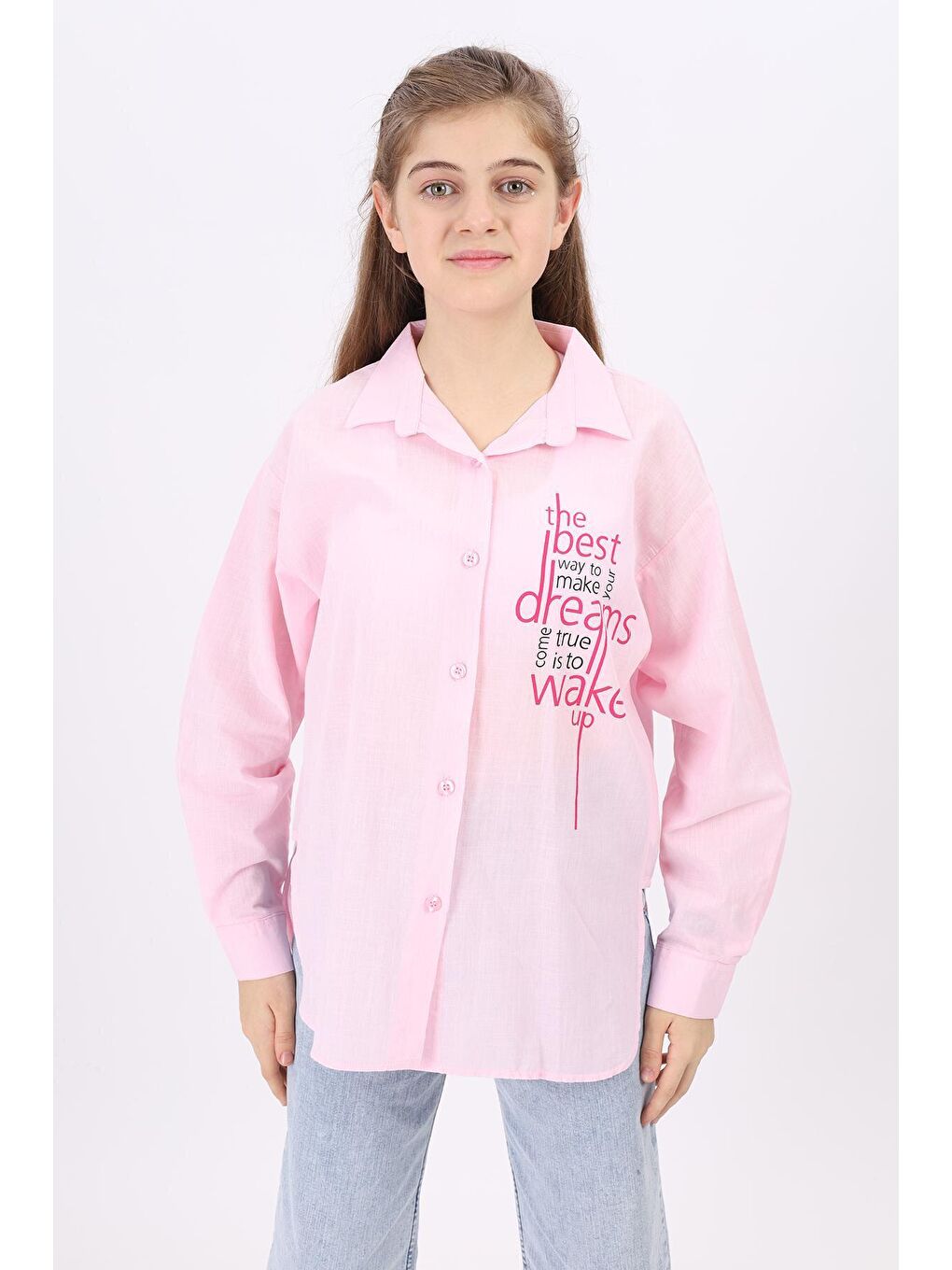 Pembe Kız Çocuk Yazı Baskılı Gömlek 9-14 Yaş Lx181-2
