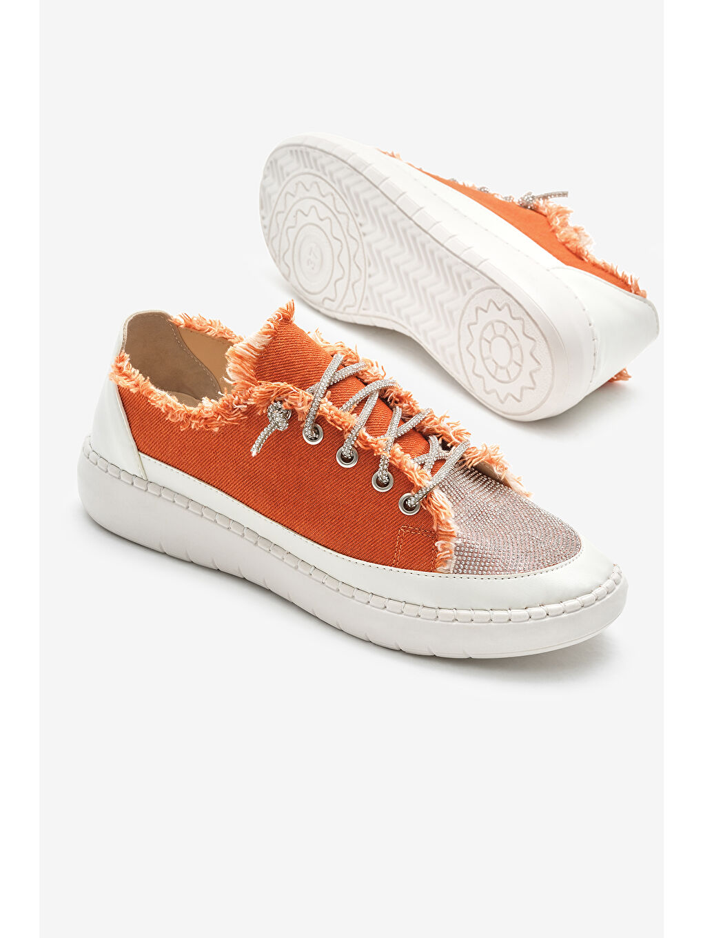 Turuncu Kadın Oranj Poli Taban Denim Kumaş Taşlı Bağcıklı Spor Ayakkabı-3