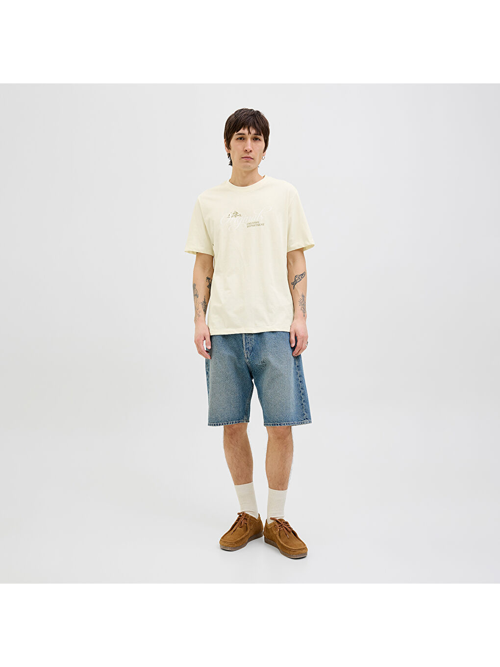 Star Erkek Ekru Yuvarlak Yaka Tişört-1