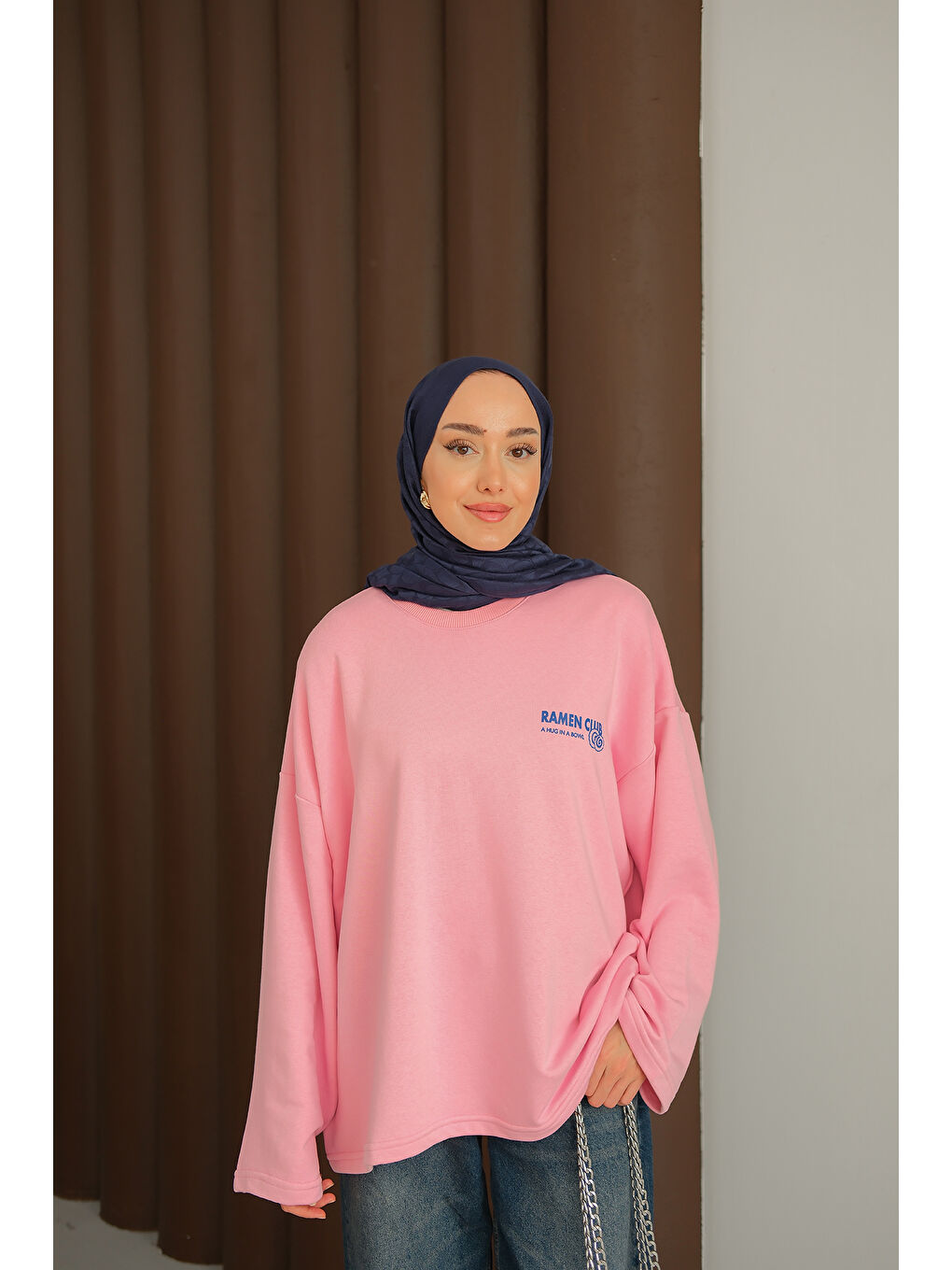 Kadın Ön Ve Arka Yazı Baskılı Sweat Pembe-2