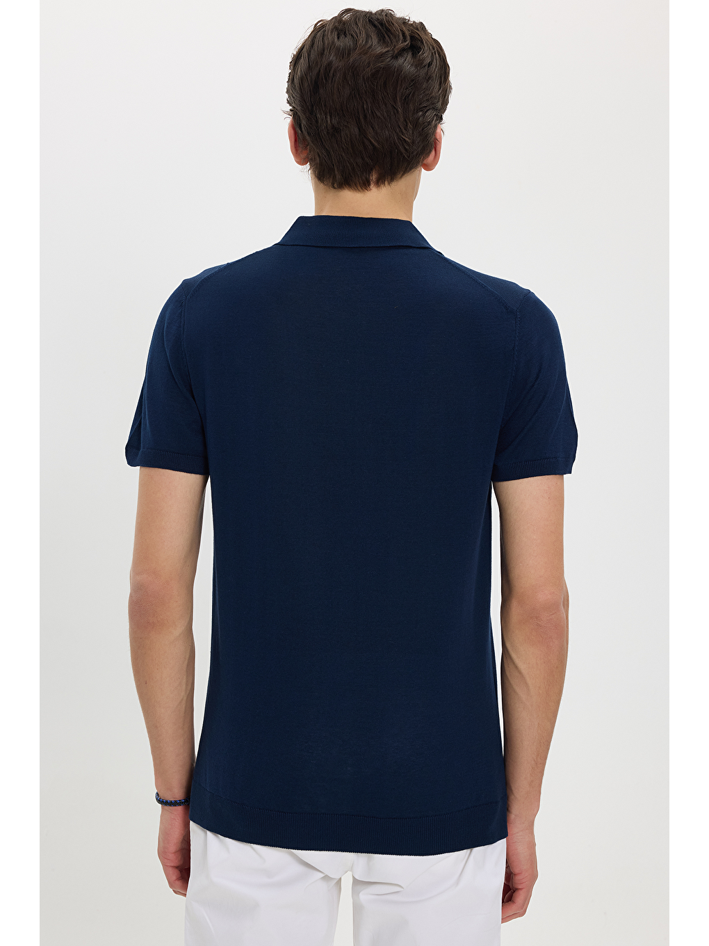 Erkek Slim Fit Dar Kesim Pamuklu Örme Triko Fermuarlı Lacivert Polo Yaka Tişört-5
