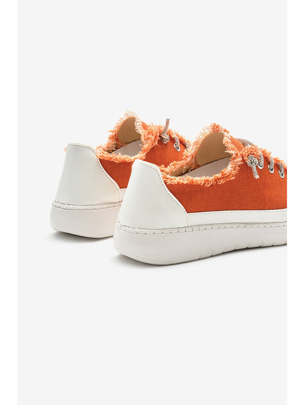 Turuncu Kadın Oranj Poli Taban Denim Kumaş Taşlı Bağcıklı Spor Ayakkabı-4