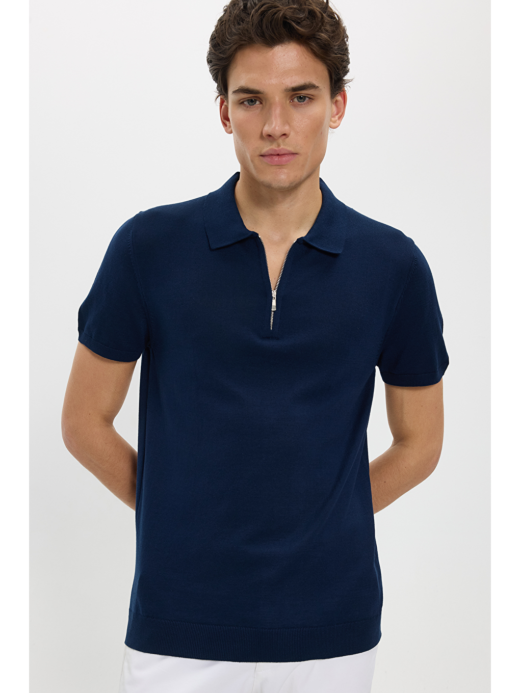 Erkek Slim Fit Dar Kesim Pamuklu Örme Triko Fermuarlı Lacivert Polo Yaka Tişört-6