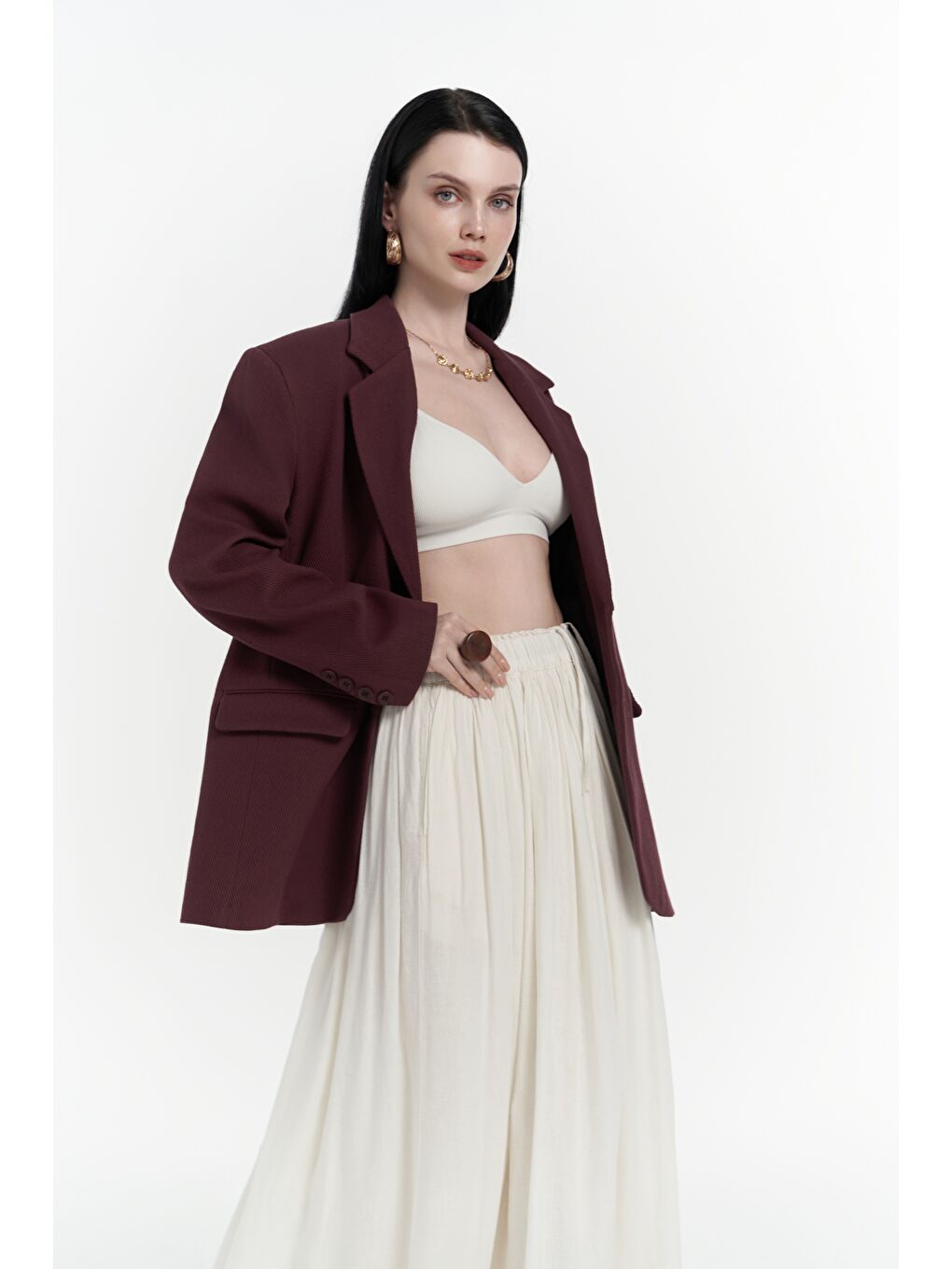 Symi Geniş Kesim Basic Bordo Blazer-1