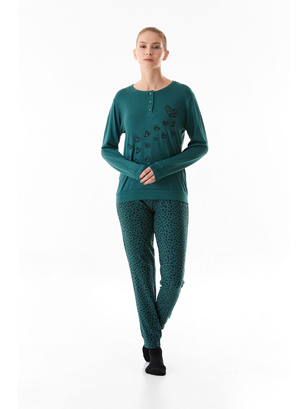 Yeşil Kalp Nakışlı Bisiklet Yaka 2'li Pijama Takımı-2