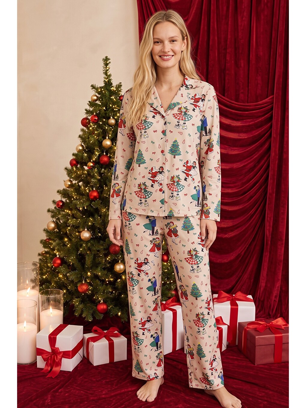 Ekru Krem Yılbaşı Temalı Desenli Termal Kumaşlı Ultra Soft Yumuşak Düğmeli Örme Pijama Takımı-1