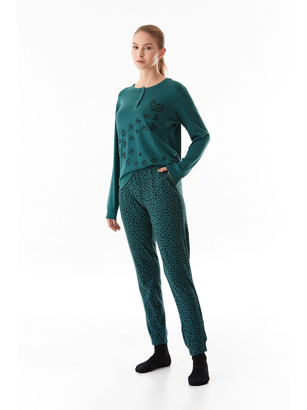 Yeşil Kalp Nakışlı Bisiklet Yaka 2'li Pijama Takımı-3