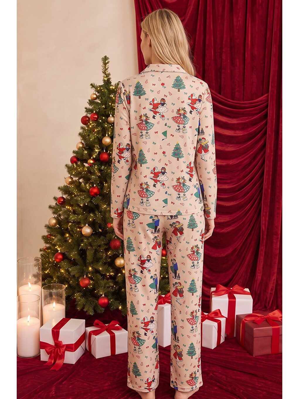 Ekru Krem Yılbaşı Temalı Desenli Termal Kumaşlı Ultra Soft Yumuşak Düğmeli Örme Pijama Takımı-2