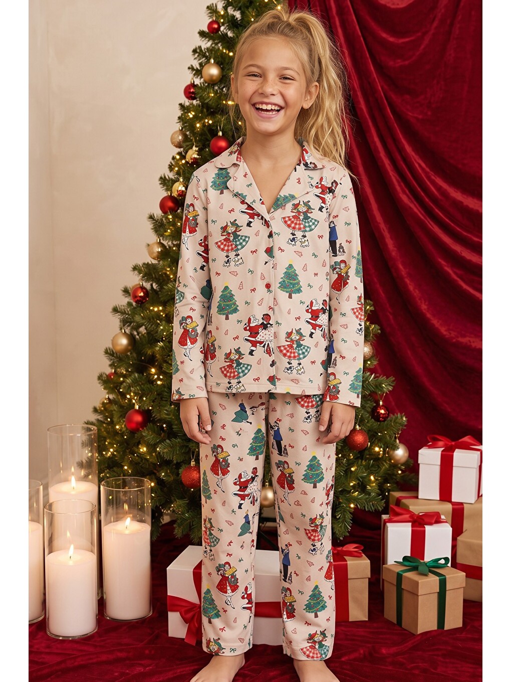 Ekru Krem Yılbaşı Temalı Desenli Termal Kumaşlı Ultra Soft Yumuşak Düğmeli Örme Pijama Takımı-3