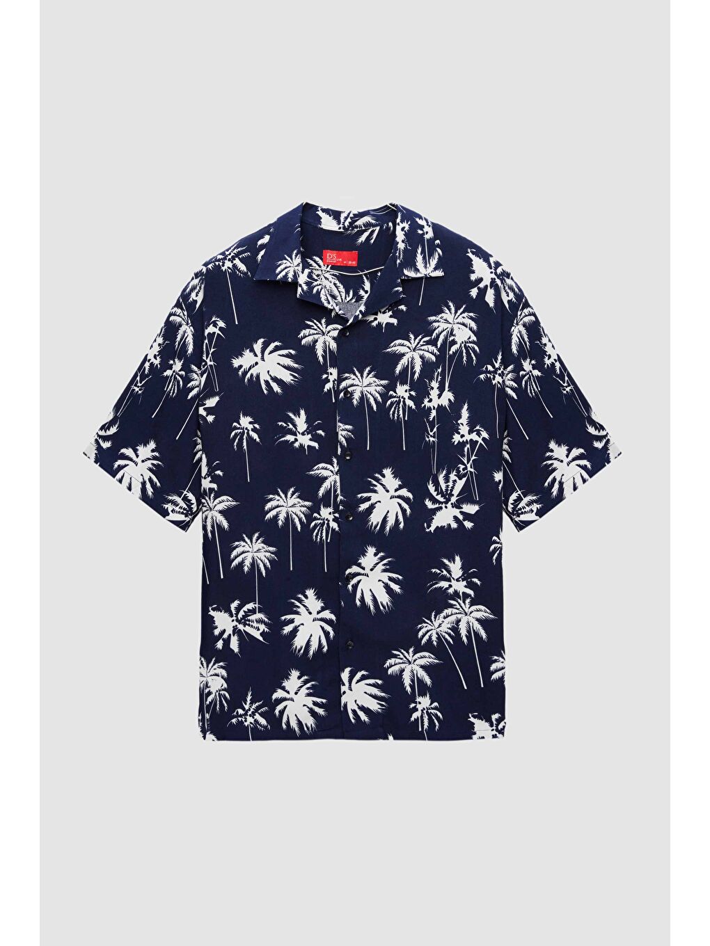 Relaxed Lacivert Desenli Palmiye Desenli Kısa Kollu Yazlık Viskon Gömlek-4