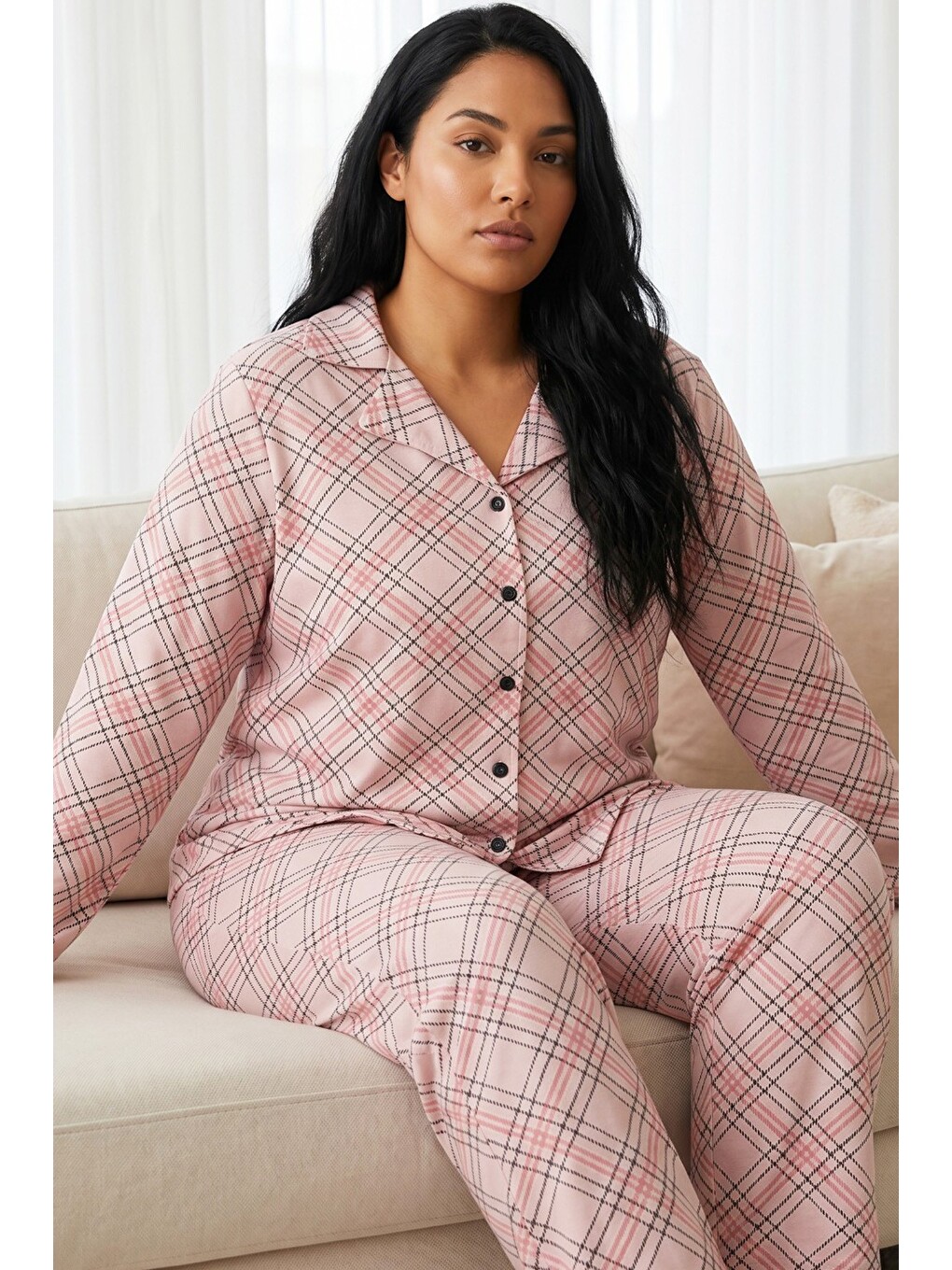 Pembe Ekose Desenli Termal Kumaşlı Ultra Soft Yumuşak Büyük Beden Battal Boy Düğmeli Örme Pijama Tak