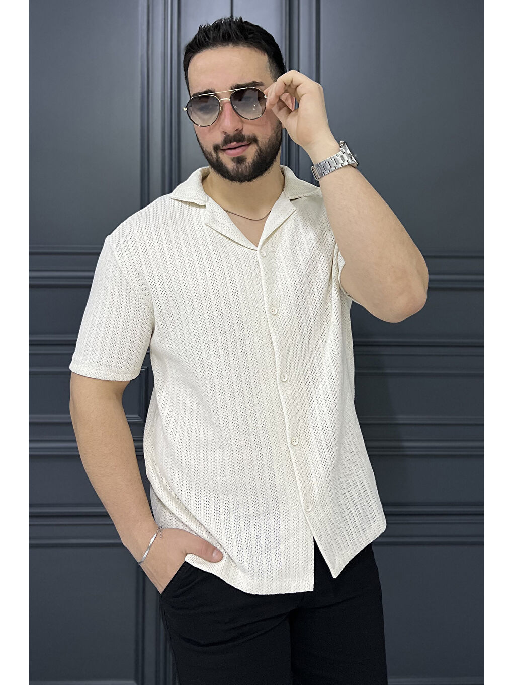 Bej Erkek Ajurlu Devrik Yaka Gömlek