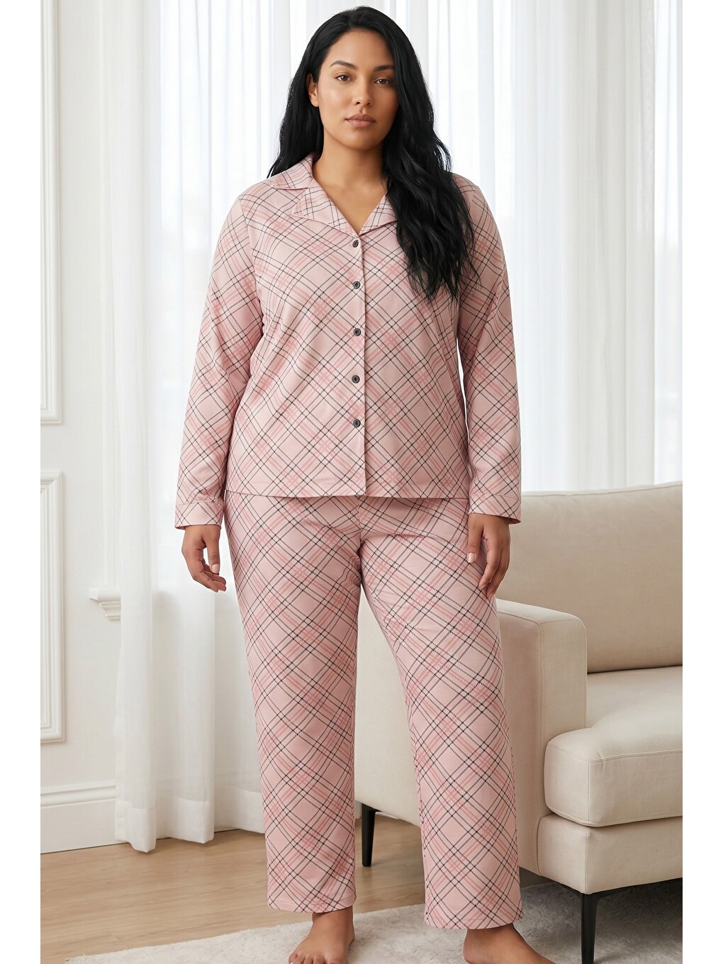 Pembe Ekose Desenli Termal Kumaşlı Ultra Soft Yumuşak Büyük Beden Battal Boy Düğmeli Örme Pijama Tak-1