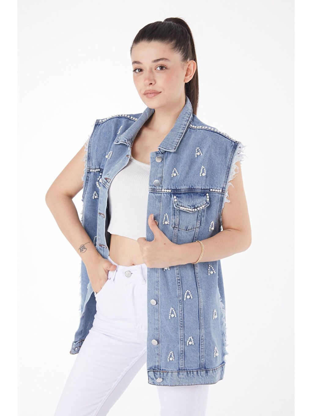 Ceket Yaka Kadın Mavi Taşlı Jean Yelek - 25367-2