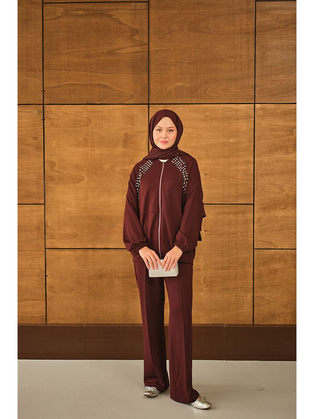 Kadın Omuz Taş Detay Takım Bordo-4