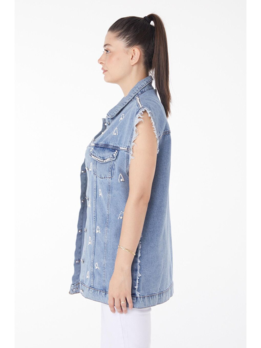 Ceket Yaka Kadın Mavi Taşlı Jean Yelek - 25367-3