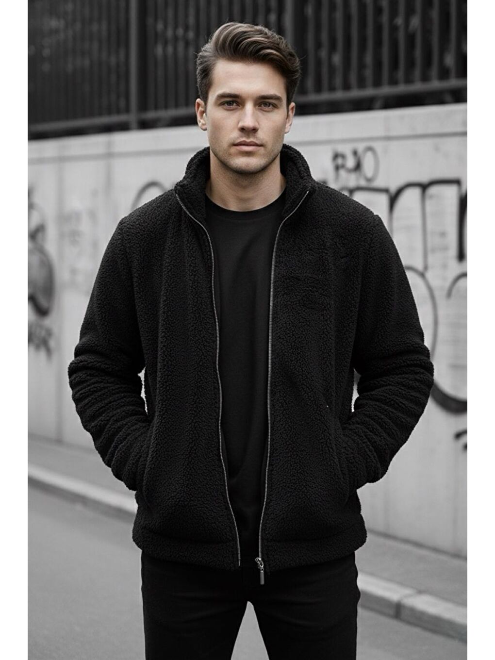 Siyah Harris Pelüş İçi Polarlı Tam Fermuarlı Gömlek Yaka Kalın Erkek Hırka Sweatshirt Polar