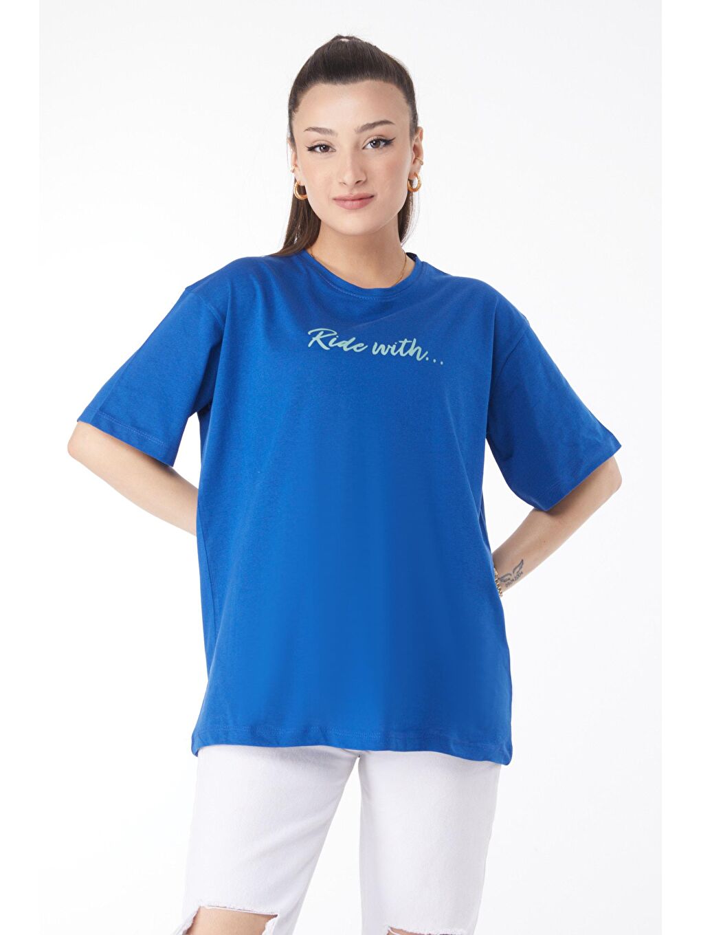 Bisiklet Yaka Kadın Mavi Kısa Kollu Baskılı Tişört - 24651-1