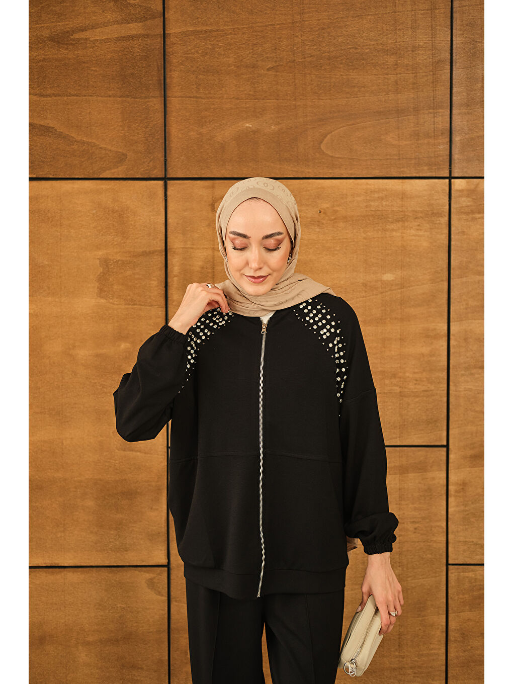 Kadın Omuz Taş Detay Takım Siyah-2