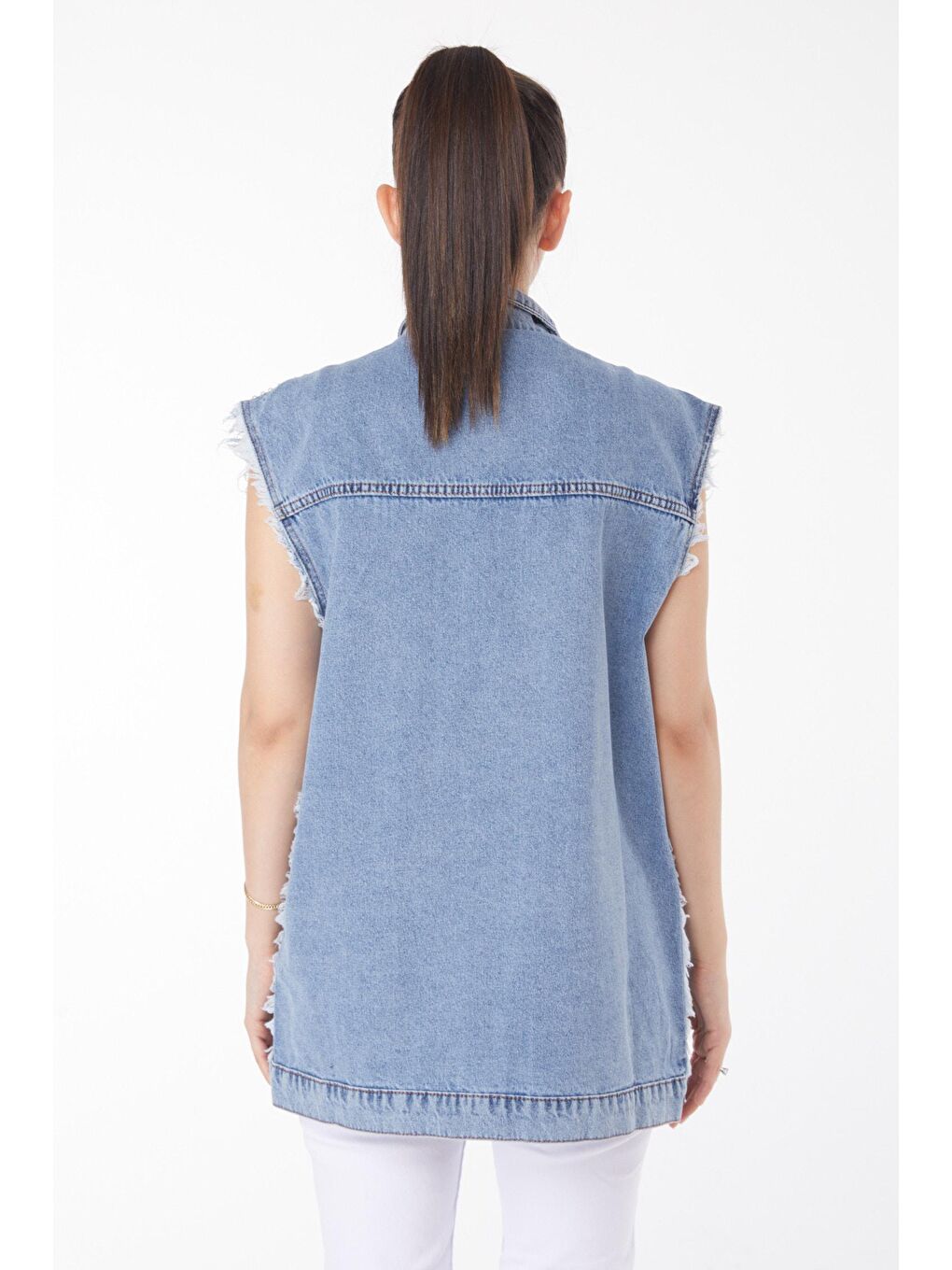 Ceket Yaka Kadın Mavi Taşlı Jean Yelek - 25367-4