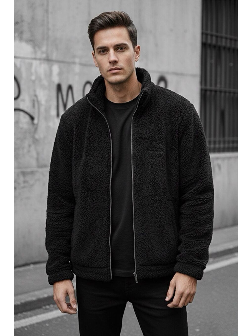 Siyah Harris Pelüş İçi Polarlı Tam Fermuarlı Gömlek Yaka Kalın Erkek Hırka Sweatshirt Polar-1