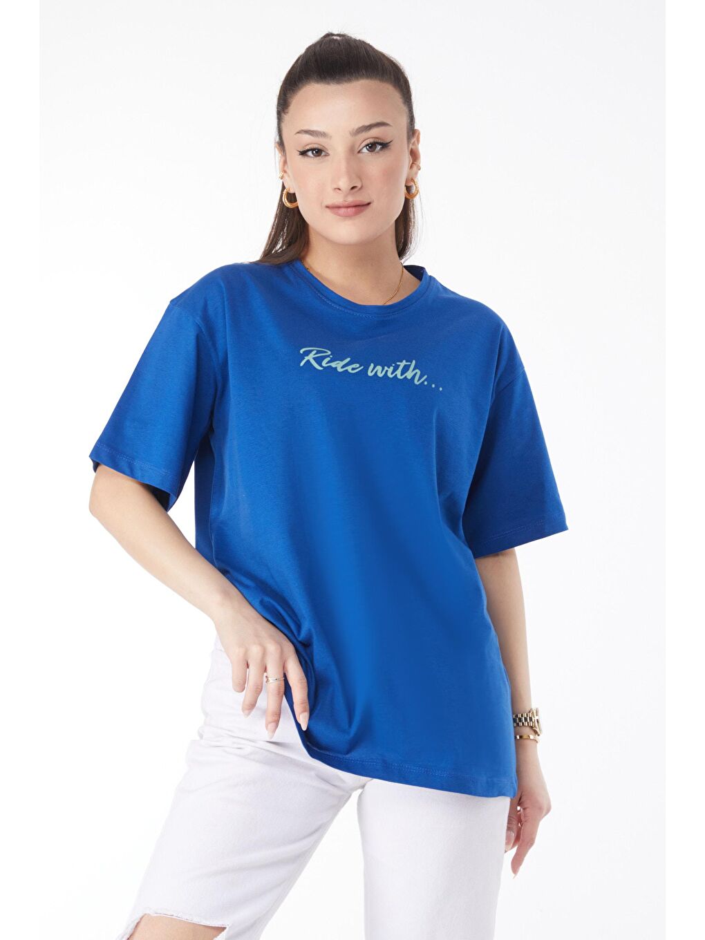 Bisiklet Yaka Kadın Mavi Kısa Kollu Baskılı Tişört - 24651-2