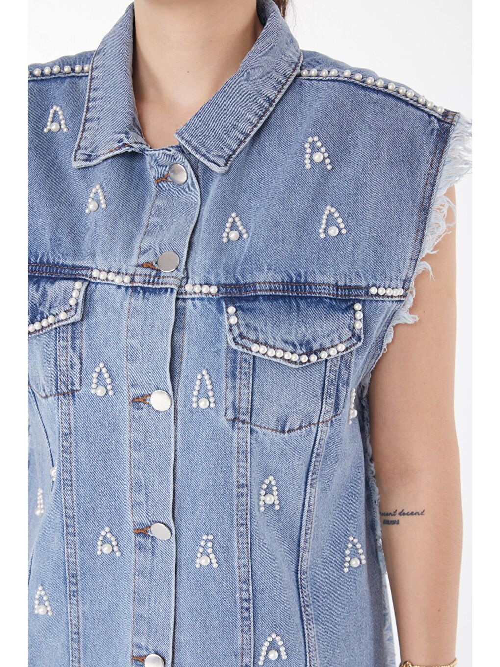 Ceket Yaka Kadın Mavi Taşlı Jean Yelek - 25367-5