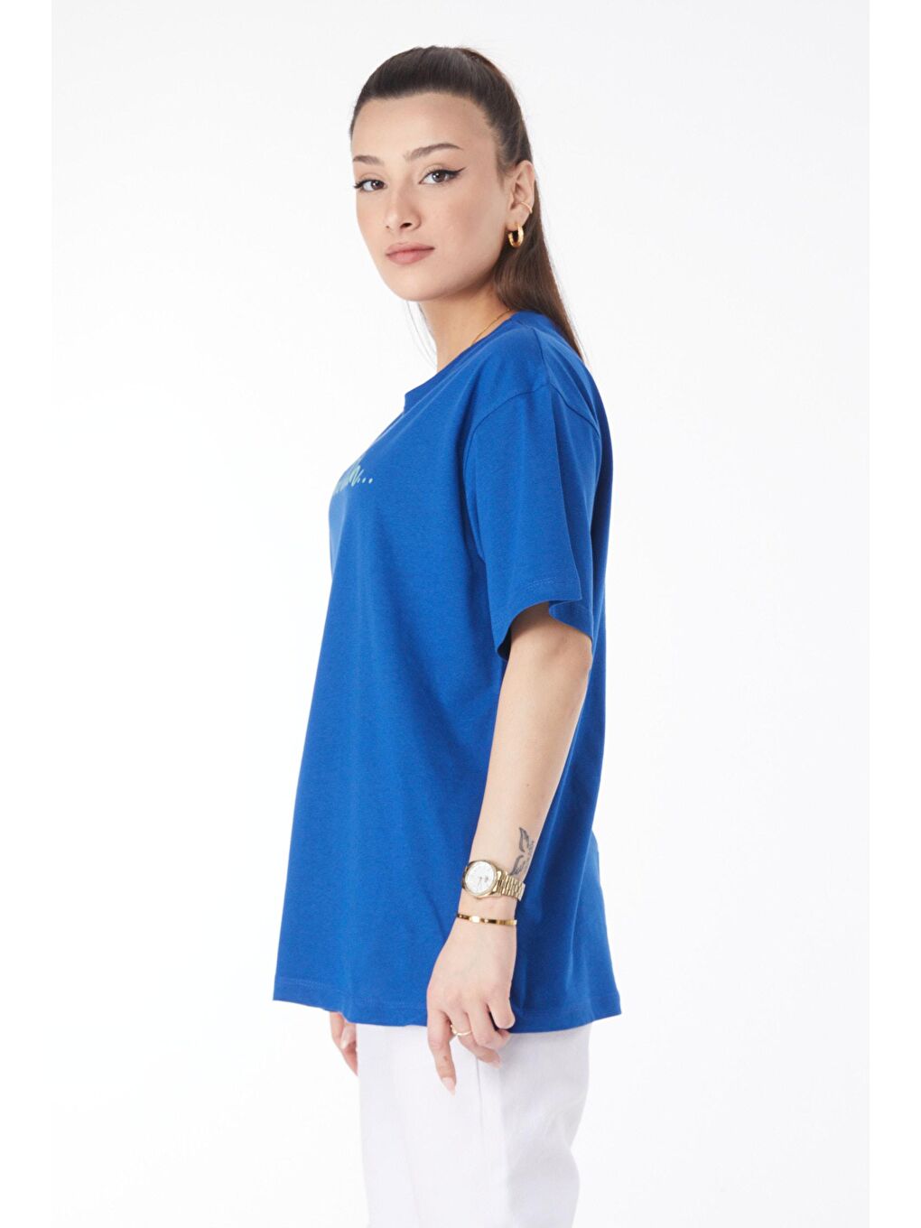 Bisiklet Yaka Kadın Mavi Kısa Kollu Baskılı Tişört - 24651-3