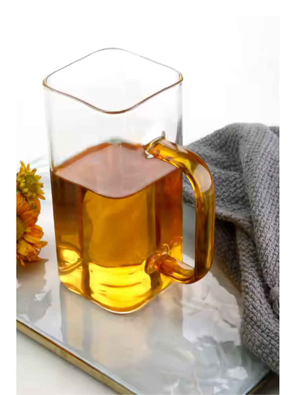 Renksiz Turuncu Renkli Borosilikat Cam Kare Kulplu Kupa 350 ml 4 Adet 2950-4