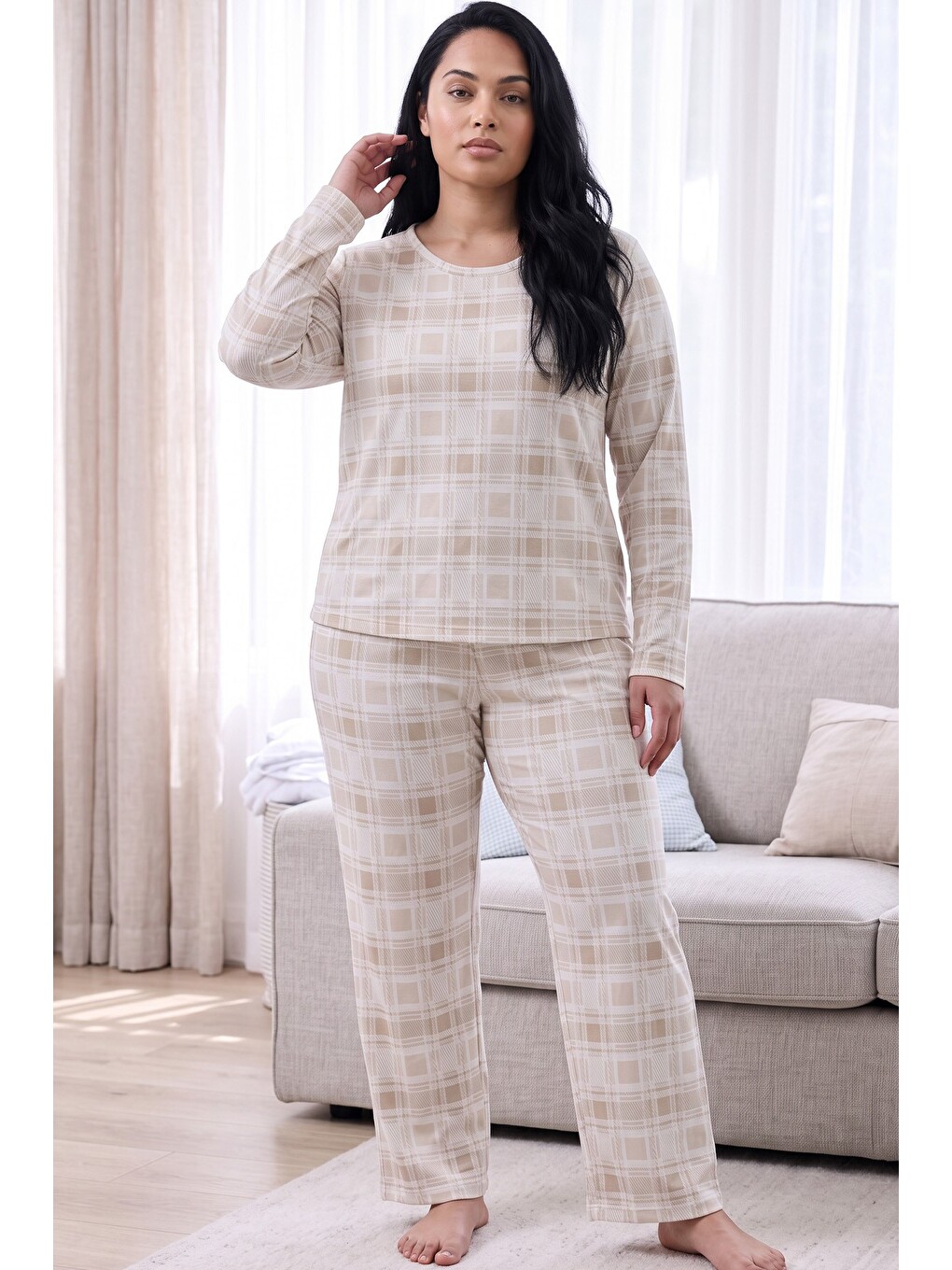 Ekru Krem Ekose Desenli Termal Kumaşlı Ultra Soft Yumuşak Büyük Beden Battal Boy Örme Pijama Takımı-1