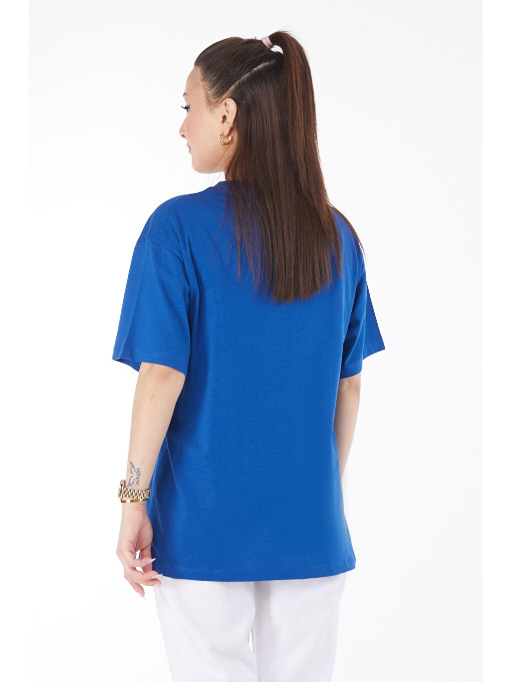 Bisiklet Yaka Kadın Mavi Kısa Kollu Baskılı Tişört - 24651-4