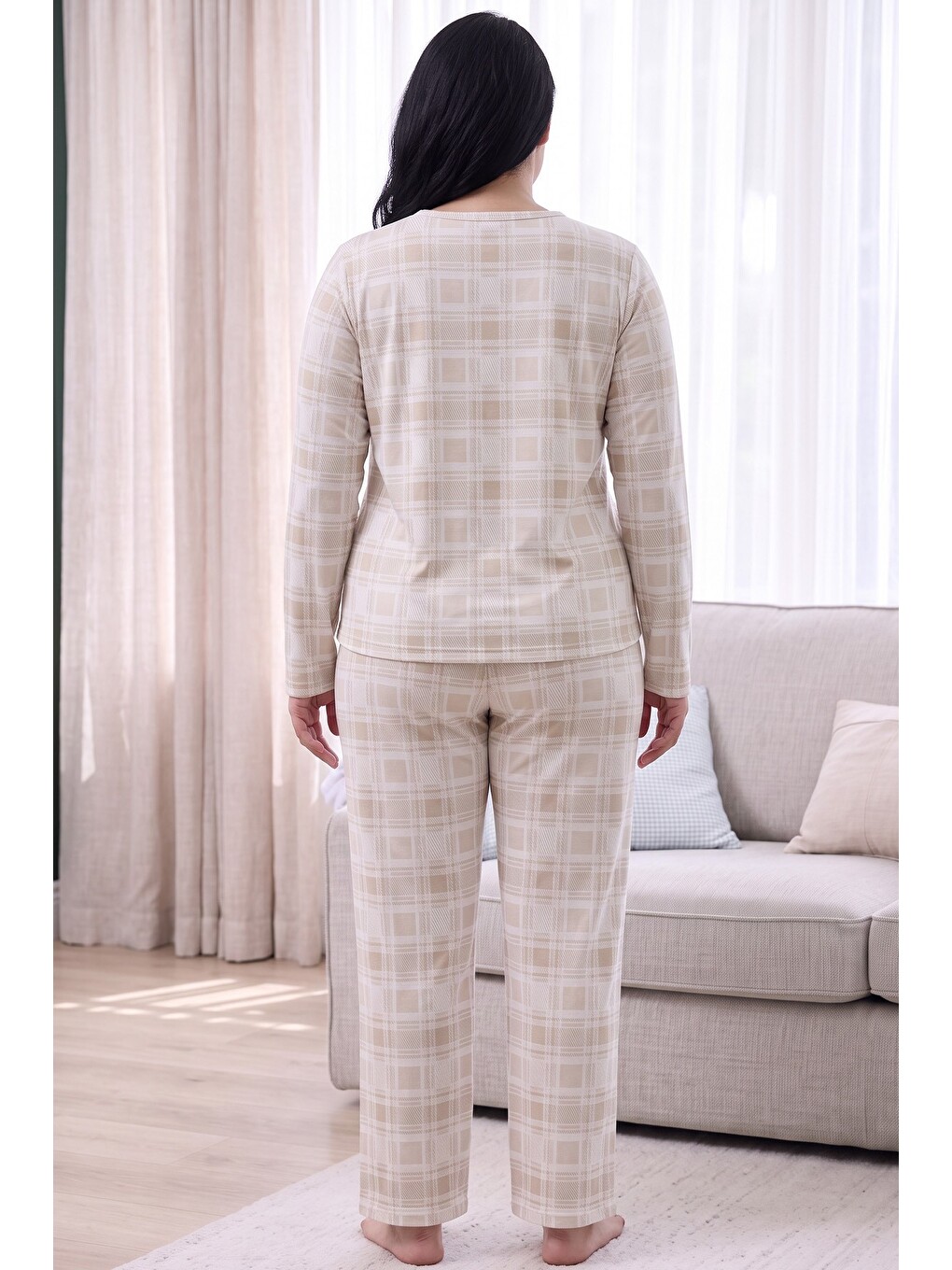 Ekru Krem Ekose Desenli Termal Kumaşlı Ultra Soft Yumuşak Büyük Beden Battal Boy Örme Pijama Takımı-2