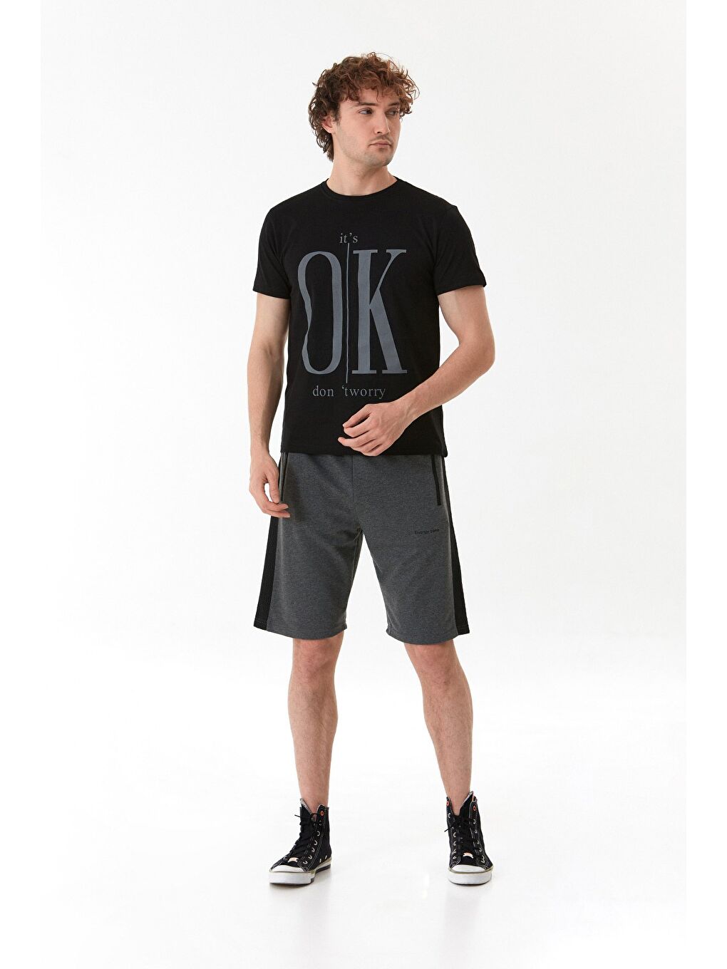 Siyah It`s Ok Baskılı Bisiklet Yaka %100 Pamuk Tişört-1