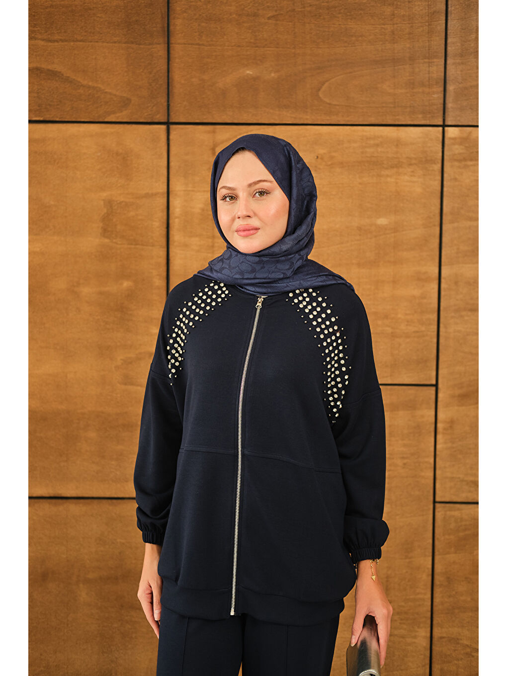 Kadın Omuz Taş Detay Takım Lacivert