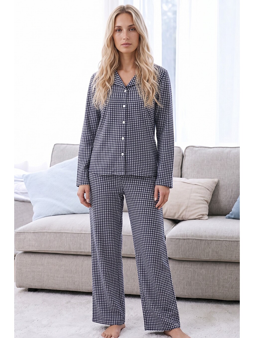Lacivert Ekose Desenli Termal Kumaşlı Ultra Soft Yumuşak Düğmeli Örme Pijama Takımı-1