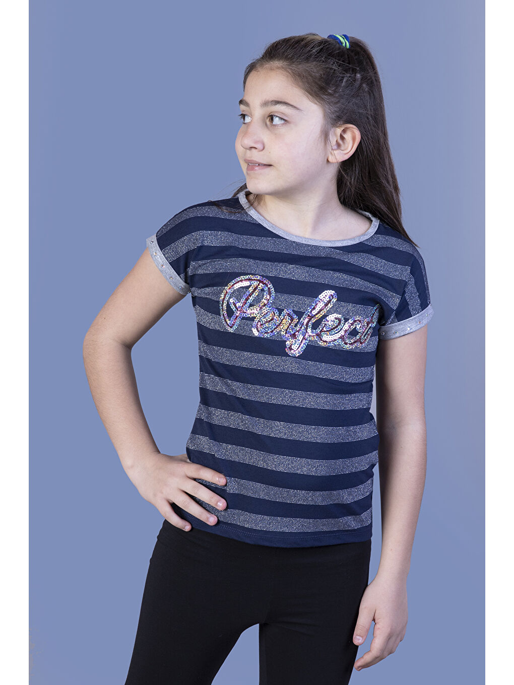 Lacivert Kız Çocuk Perfect Nakışlı Kolları İnci Detaylı Tişört