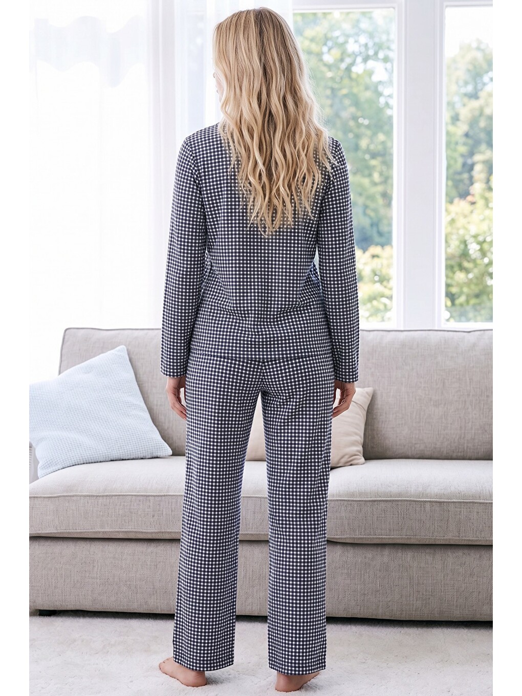 Lacivert Ekose Desenli Termal Kumaşlı Ultra Soft Yumuşak Düğmeli Örme Pijama Takımı-2