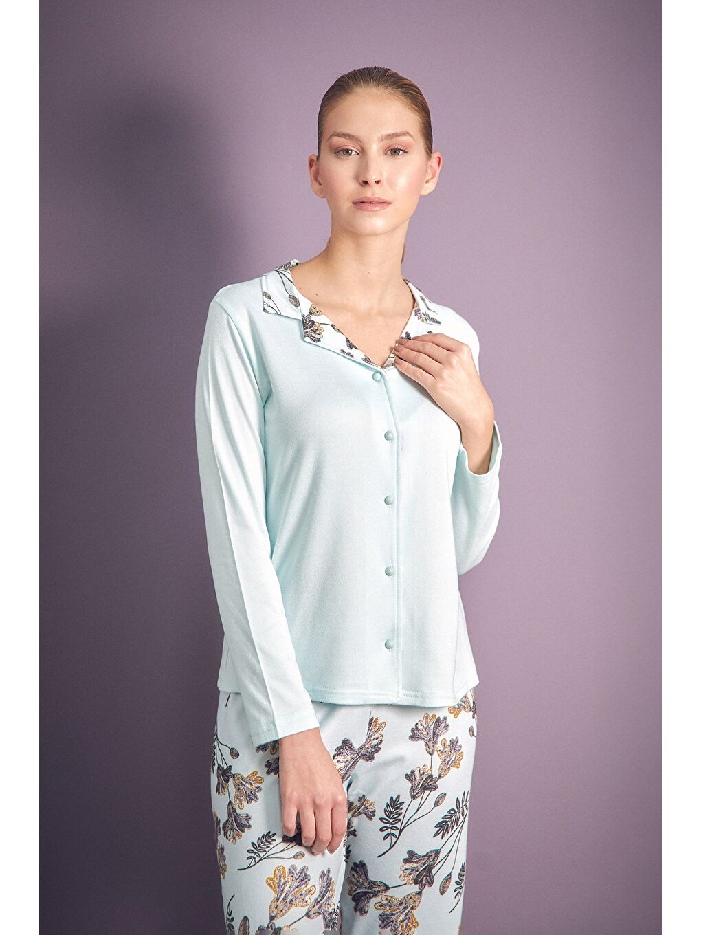 Mavi Yaprak Desenli Gömlek Yaka 2'li Pijama Takımı-1