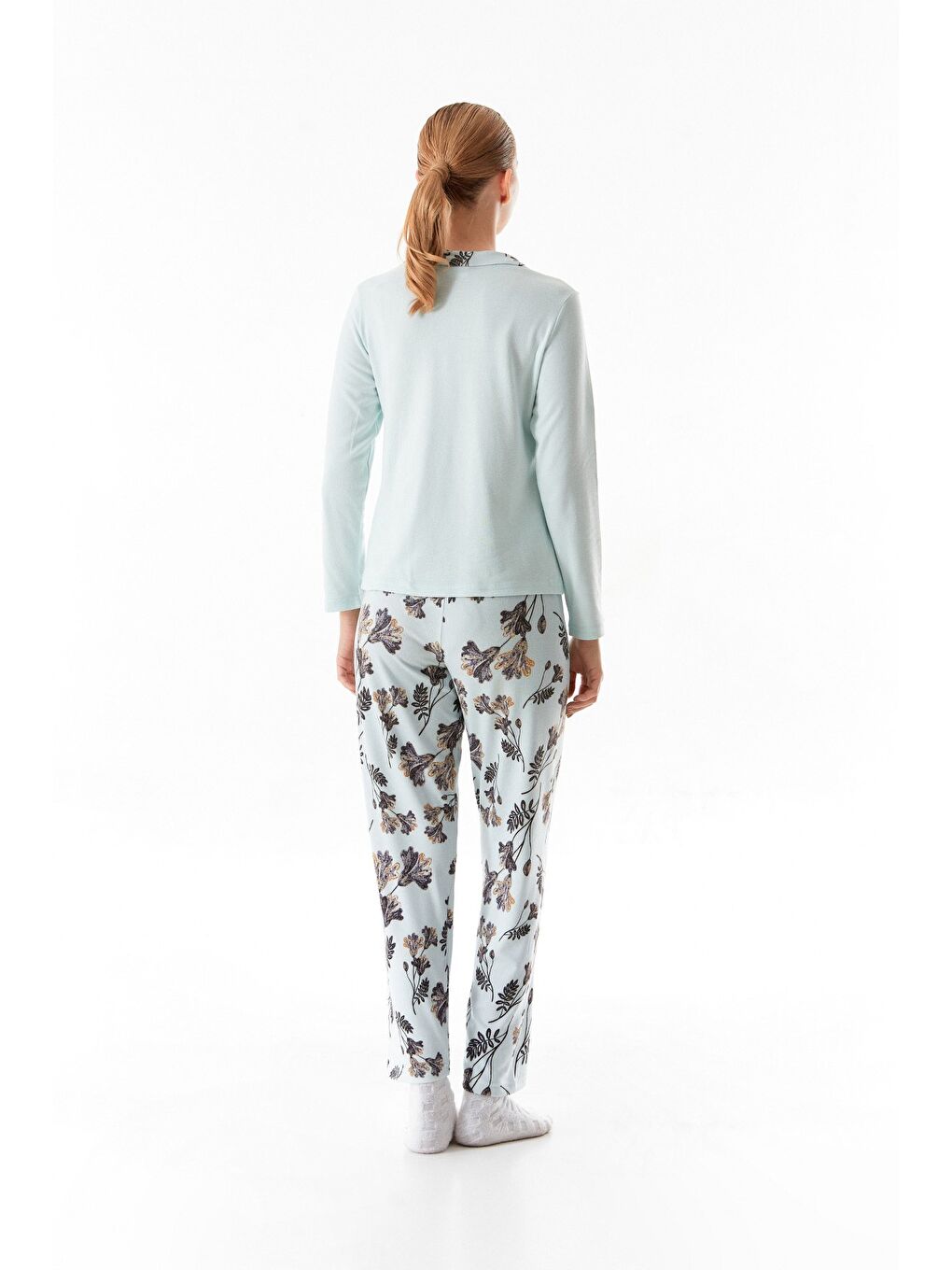 Mavi Yaprak Desenli Gömlek Yaka 2'li Pijama Takımı-3