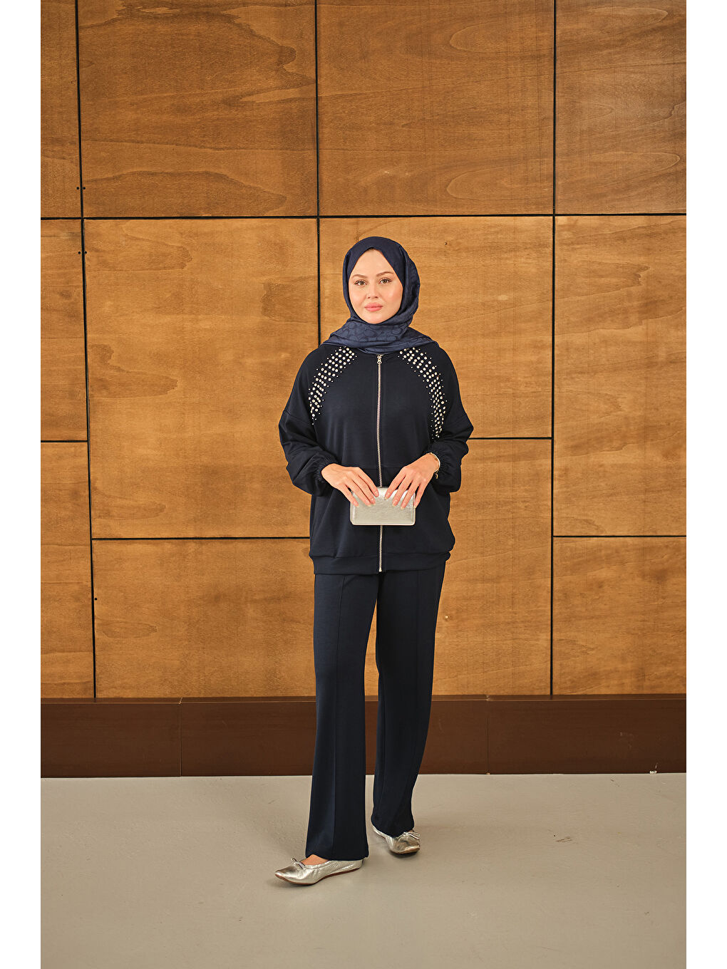 Kadın Omuz Taş Detay Takım Lacivert-1