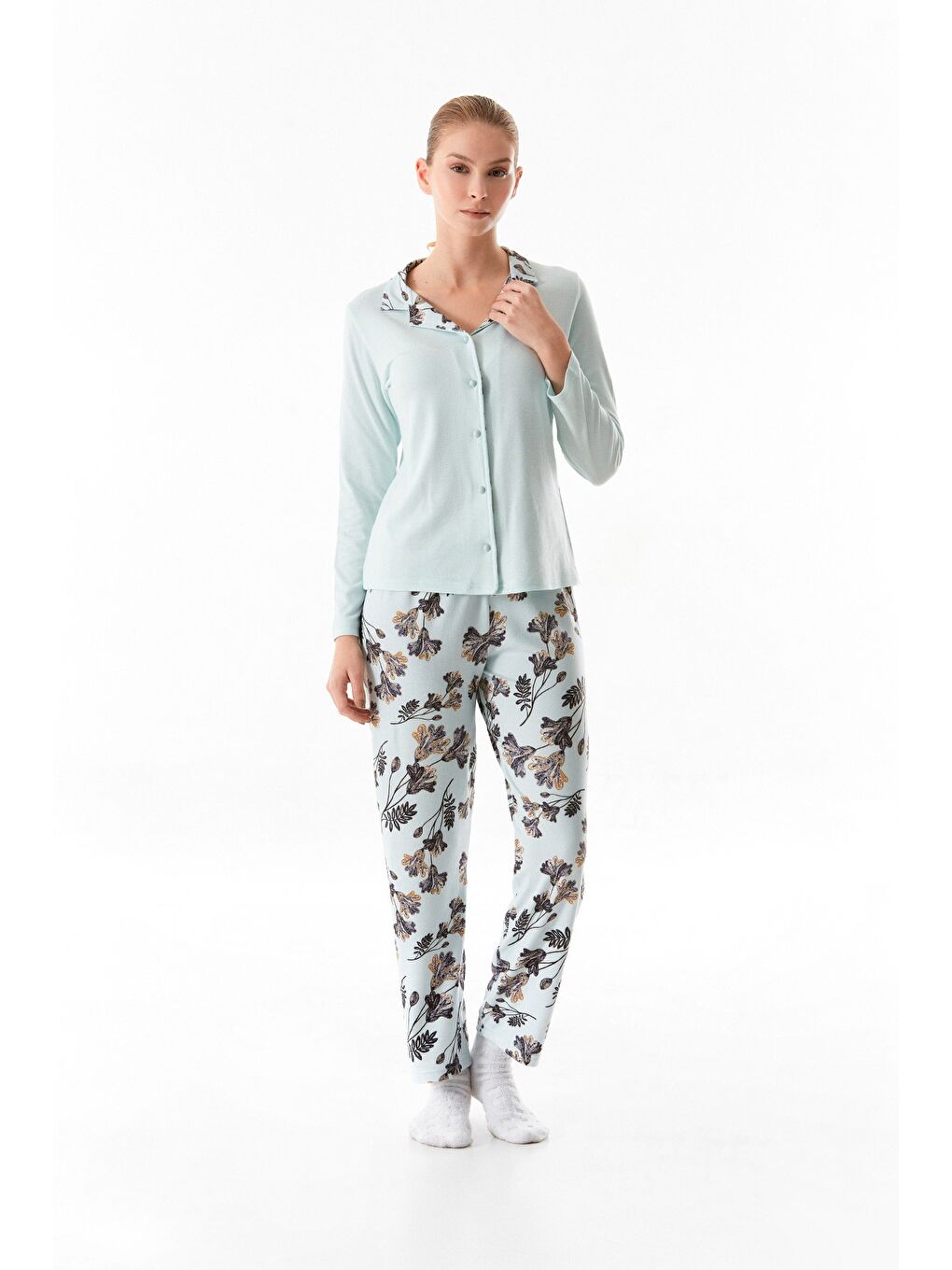 Mavi Yaprak Desenli Gömlek Yaka 2'li Pijama Takımı-4