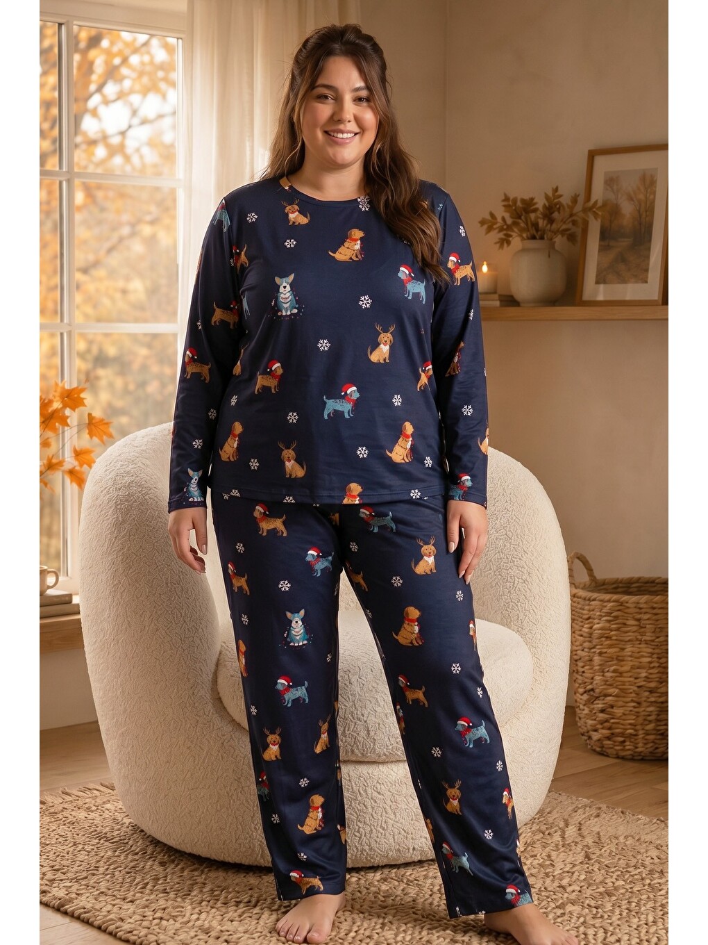 Lacivert Desenli Termal Kumaşlı Ultra Soft Yumuşak Büyük Beden Battal Boy Örme Pijama Takımı-1