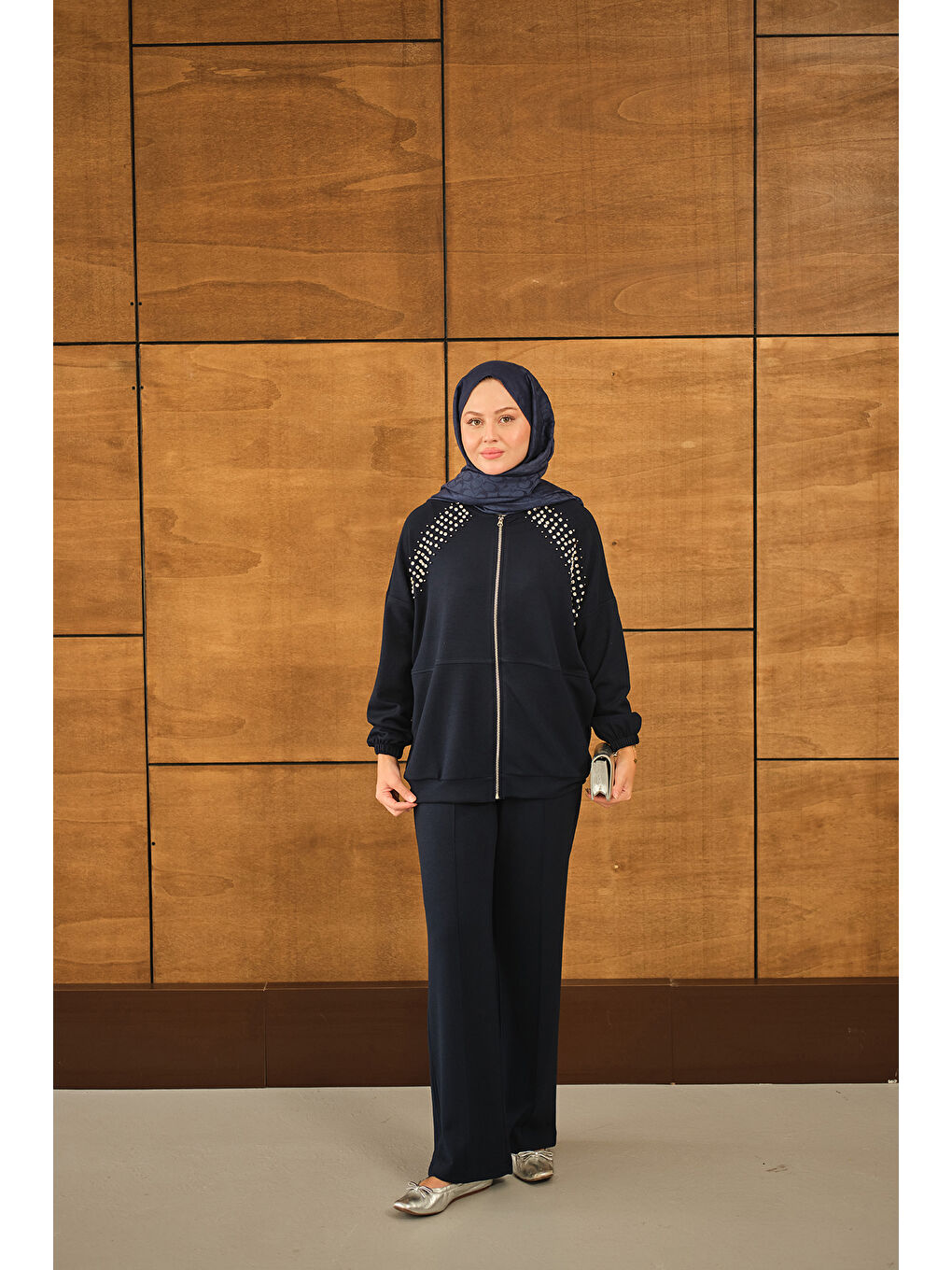 Kadın Omuz Taş Detay Takım Lacivert-2