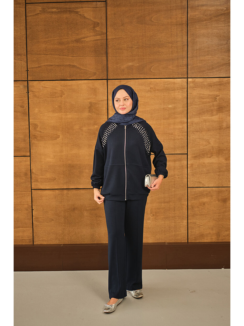 Kadın Omuz Taş Detay Takım Lacivert-3