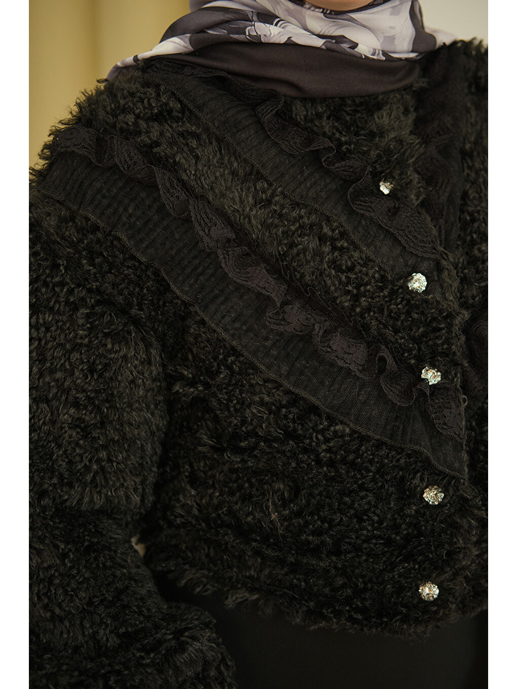 Kadın Kadın Dantelli V Kat Hırka Siyah-3