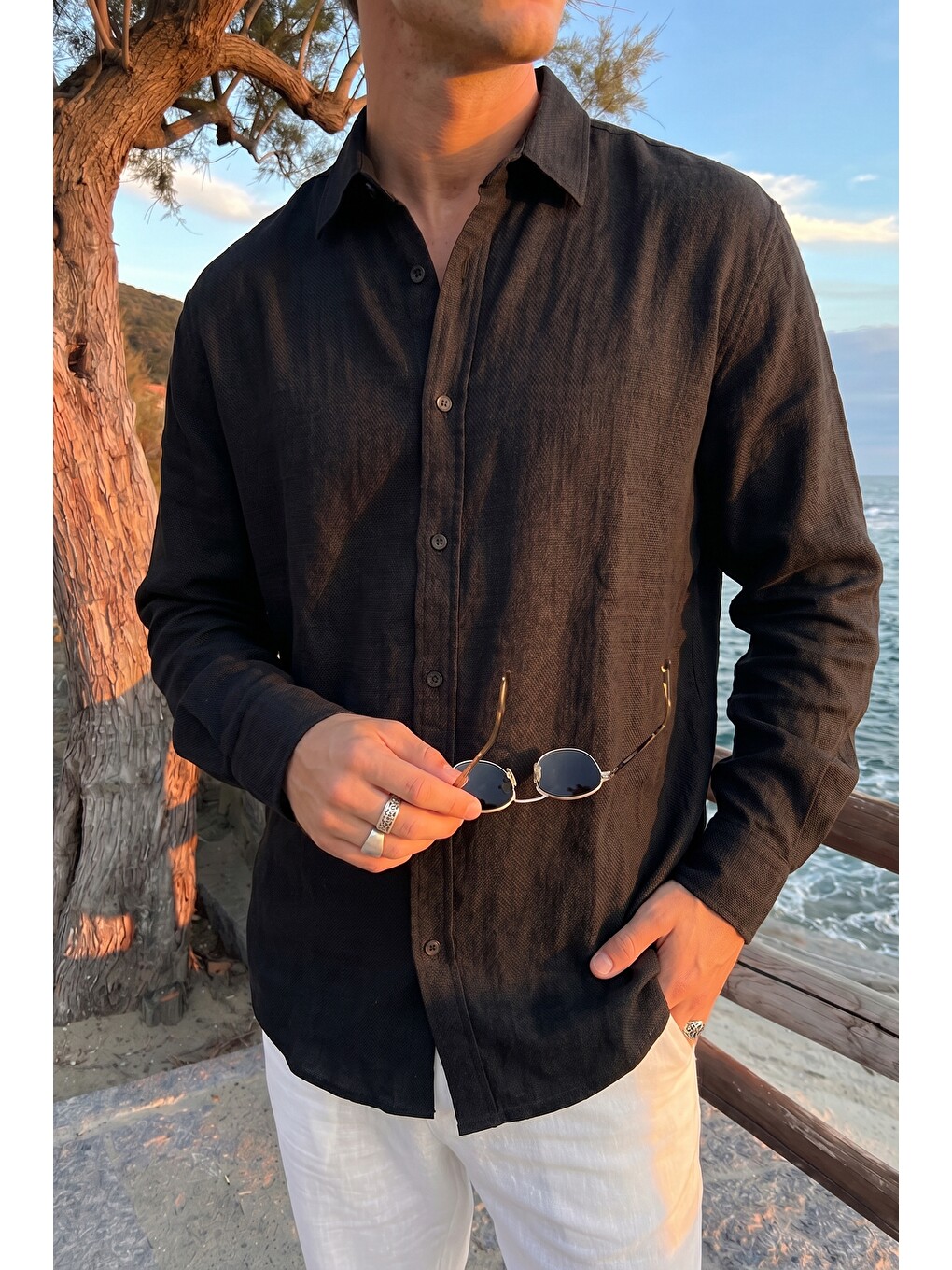 Siyah Jora Premium %100 Pamuk Keten Regular Fit Erkek Gömlek-3
