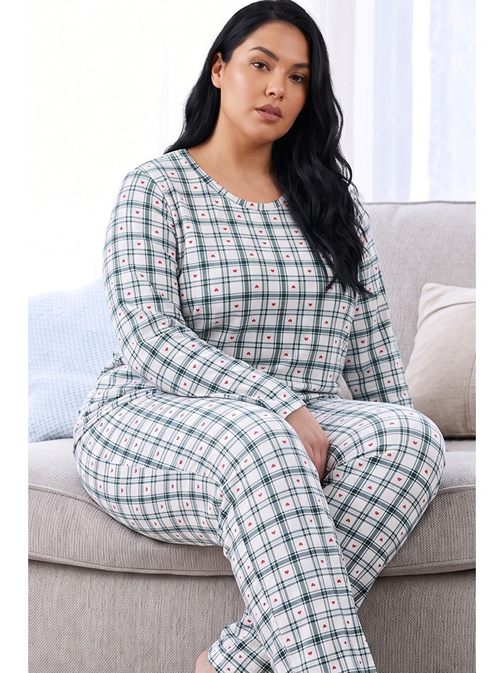 Ekru Ekose Desenli Termal Kumaşlı Ultra Soft Yumuşak Büyük Beden Battal Boy Örme Pijama Takımı