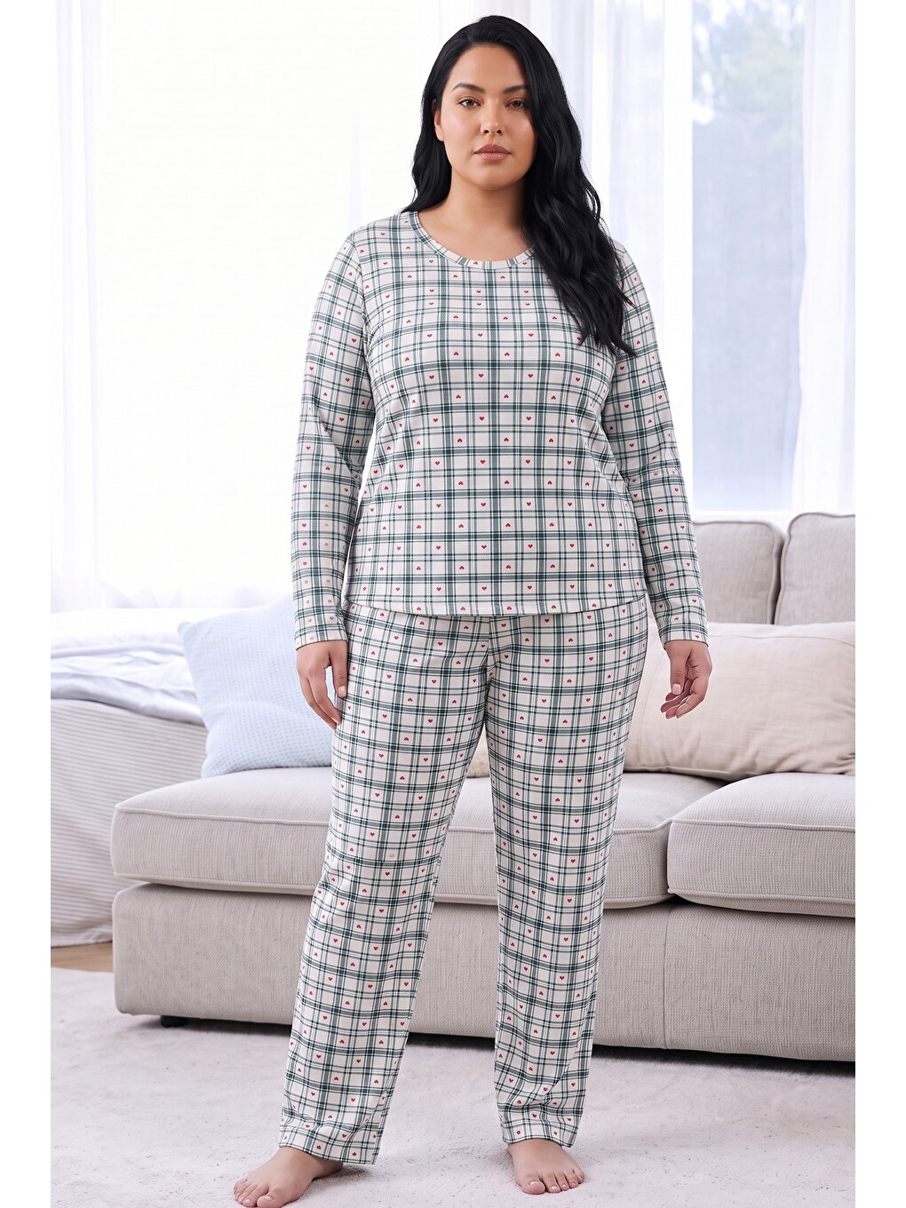 Ekru Ekose Desenli Termal Kumaşlı Ultra Soft Yumuşak Büyük Beden Battal Boy Örme Pijama Takımı-1