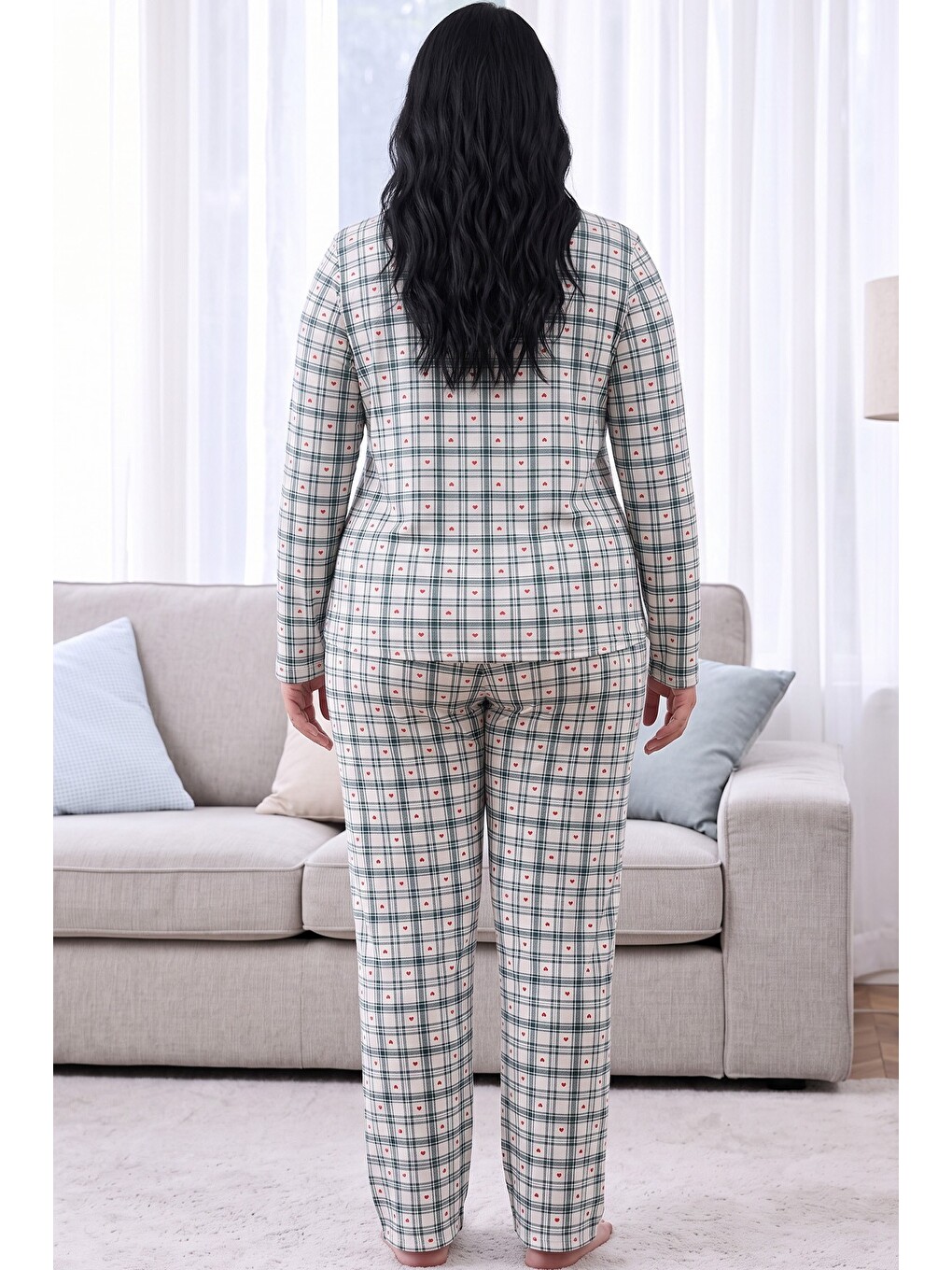 Ekru Ekose Desenli Termal Kumaşlı Ultra Soft Yumuşak Büyük Beden Battal Boy Örme Pijama Takımı-2