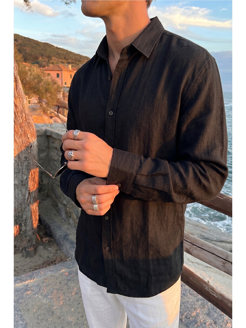Siyah Jora Premium %100 Pamuk Keten Regular Fit Erkek Gömlek-5